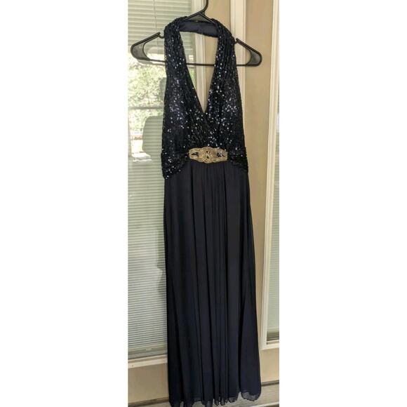Cachet Navy Blue Sequin Top Maxi Dress Formal Gown Mother Of Bride Wedding Sz. 8 - Picture 1 of 9